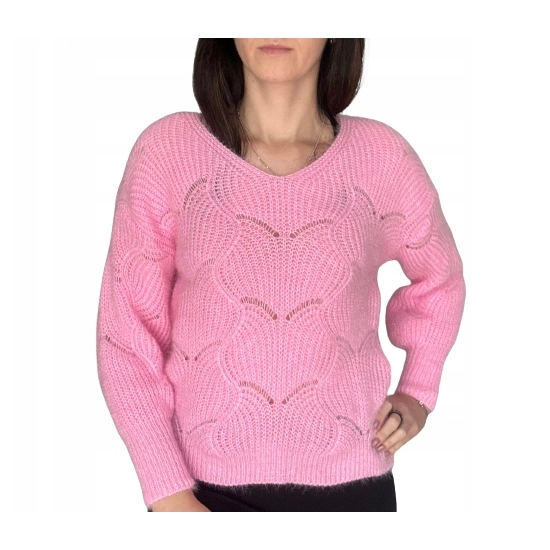 Różowy sweter damski ciepły ażurowy sweter